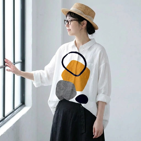 S-5XL シンプルコーデにアクセント 幾何柄シャツ S 写真通り1