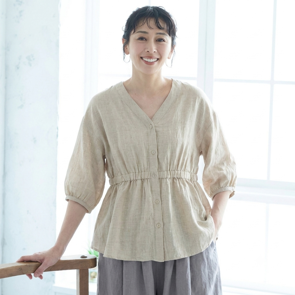 M-3L 綿麻 Vネック ランタンスリーブ ボタン シャツ 2XL オートミール