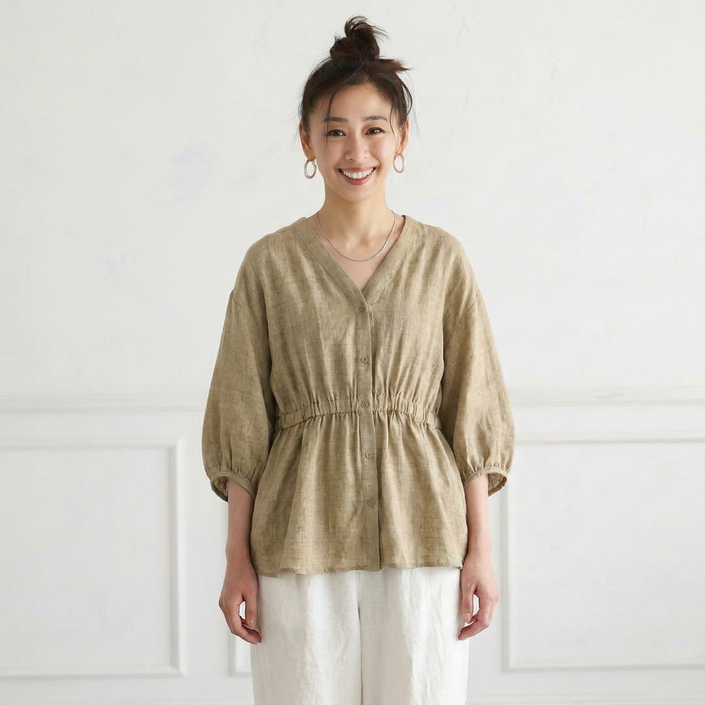 M-3L 綿麻 Vネック ランタンスリーブ ボタン シャツ 2XL カーキ