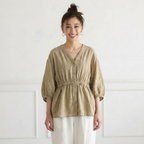M-3L 綿麻 Vネック ランタンスリーブ ボタン シャツ 2XL カーキ
