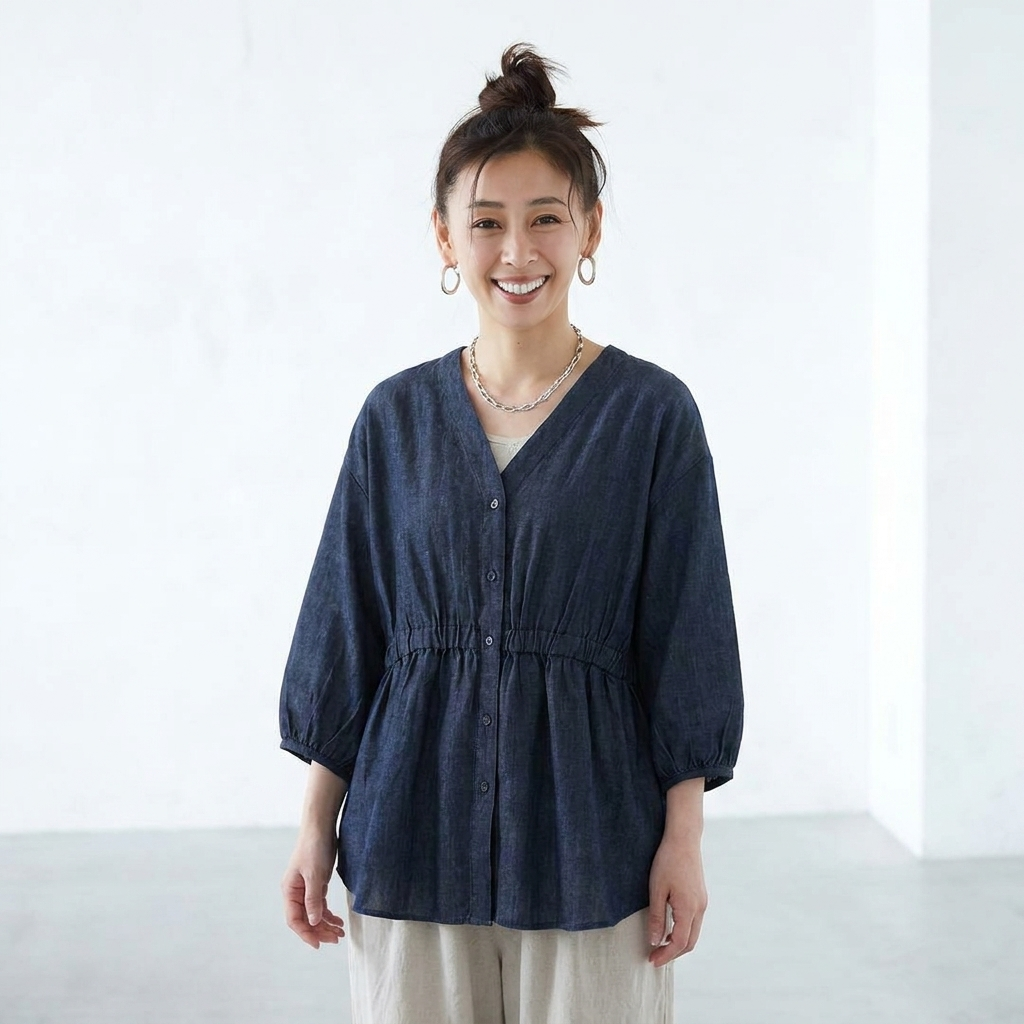 M-3L 綿麻 Vネック ランタンスリーブ ボタン シャツ 2XL ネイビー