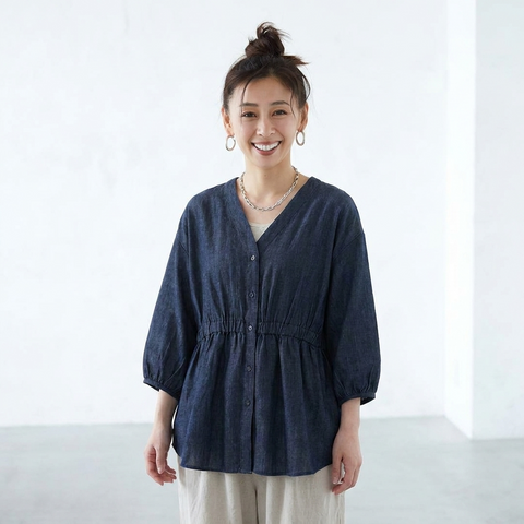 M-3L 綿麻 Vネック ランタンスリーブ ボタン シャツ 2XL ネイビー