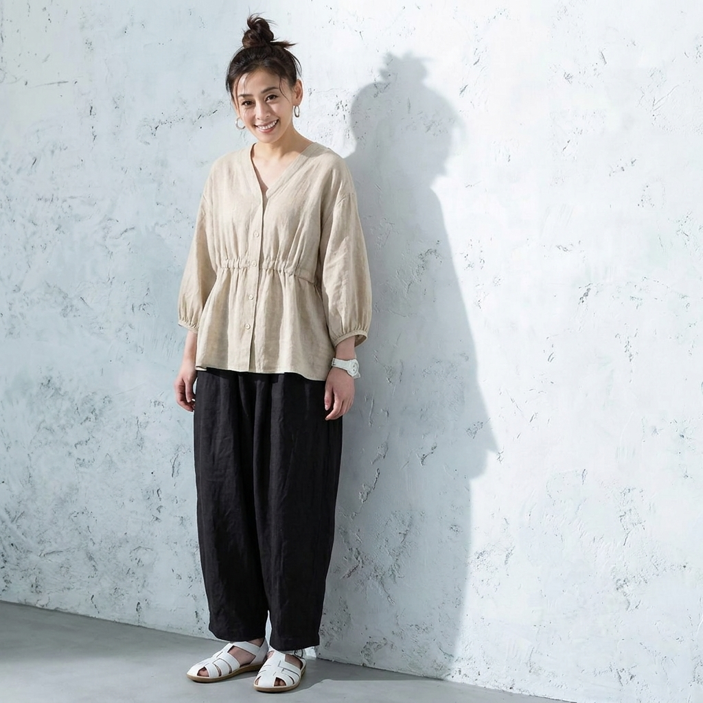 M-3L 綿麻 Vネック ランタンスリーブ ボタン シャツ M オートミール