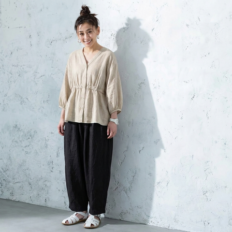 M-3L 綿麻 Vネック ランタンスリーブ ボタン シャツ M オートミール