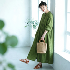 【体型カバー】綿麻 長袖 レディース リネングリーン ゆったり ワンピース M グリーン