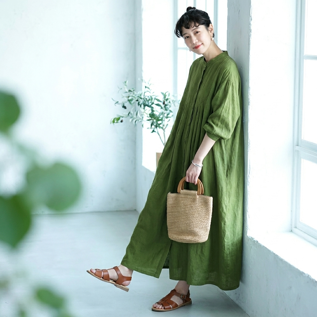 【体型カバー】綿麻 長袖 レディース リネングリーン ゆったり ワンピース M グリーン