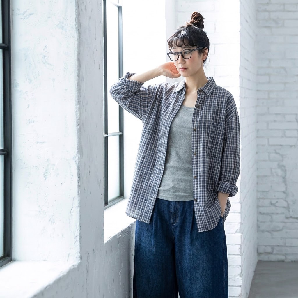 S-2XL チェック柄 ゆったり ルーズ感 ロングスリーブ 晩夏から秋 シャツ S ブルー