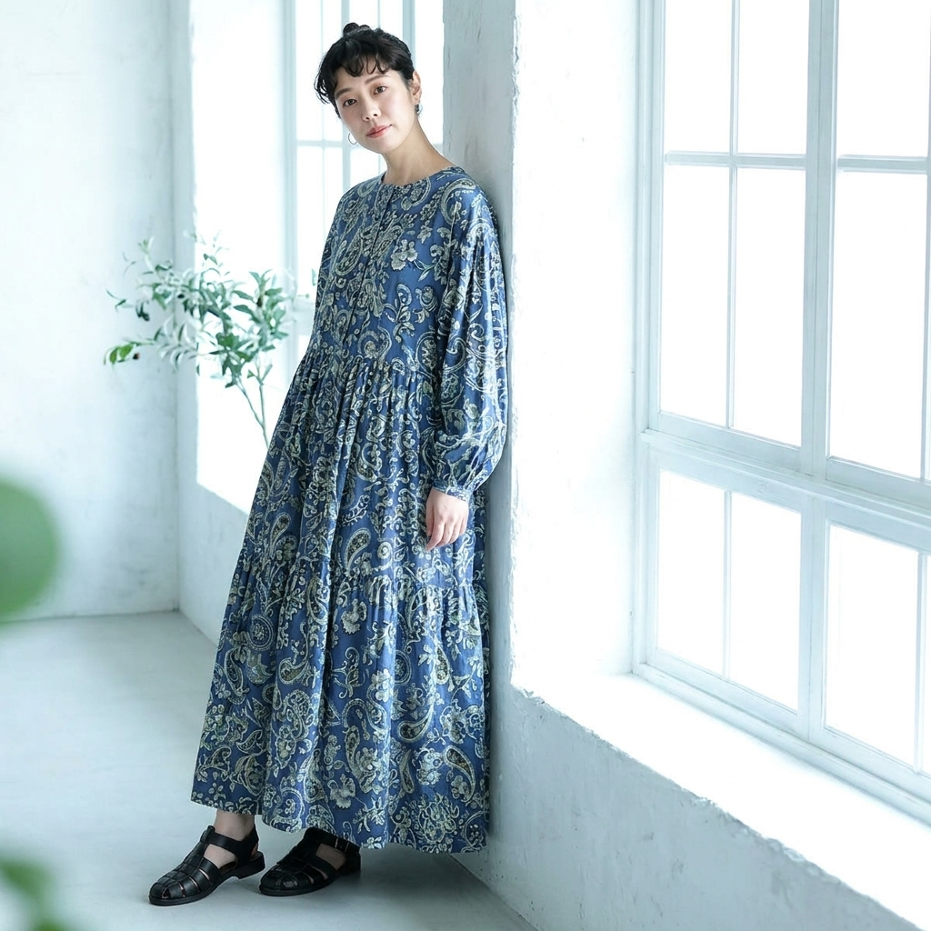 F インディゴ調 花柄 × ペイズリー ワンピース フリー ブラック
