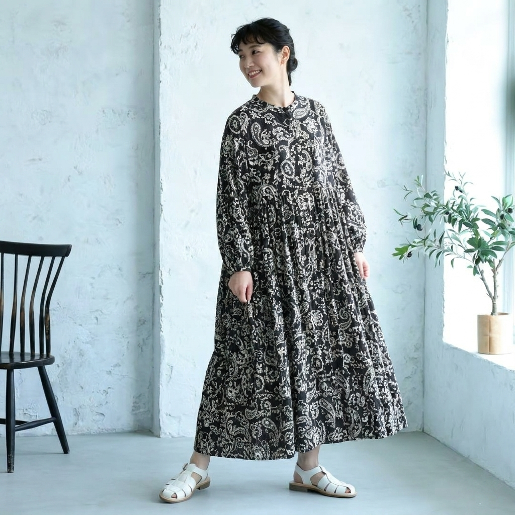 F インディゴ調 花柄 × ペイズリー ワンピース フリー ブラック