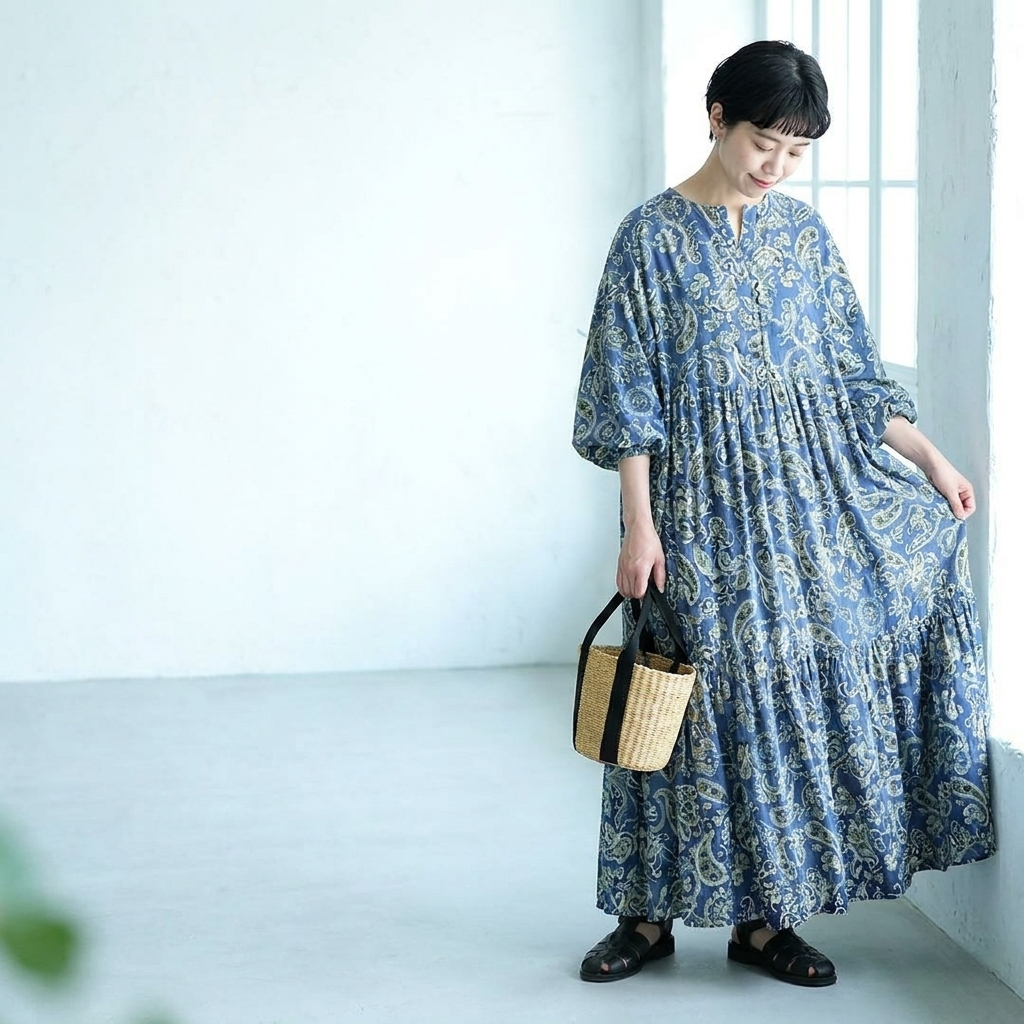 F インディゴ調 花柄 × ペイズリー ワンピース フリー スカイブルー