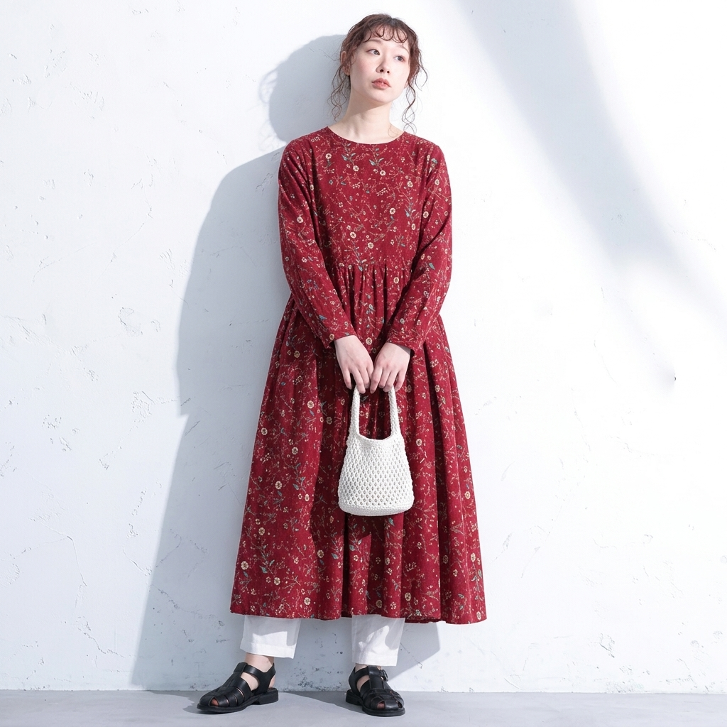 M-2XL Aライン リボン ボタン 長袖 プリント 定番 プリントワンピース M ネイビー
