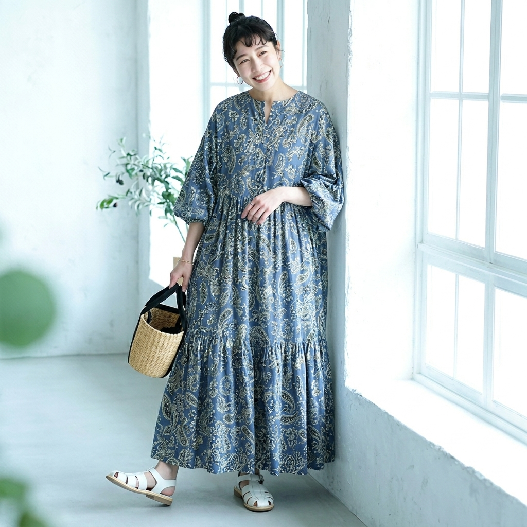 F インディゴ調 花柄 × ペイズリー ワンピース フリー ブラック