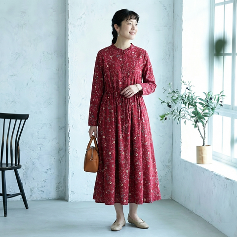 M-2XL Aライン リボン ボタン 長袖 プリント 定番 プリントワンピース M ネイビー