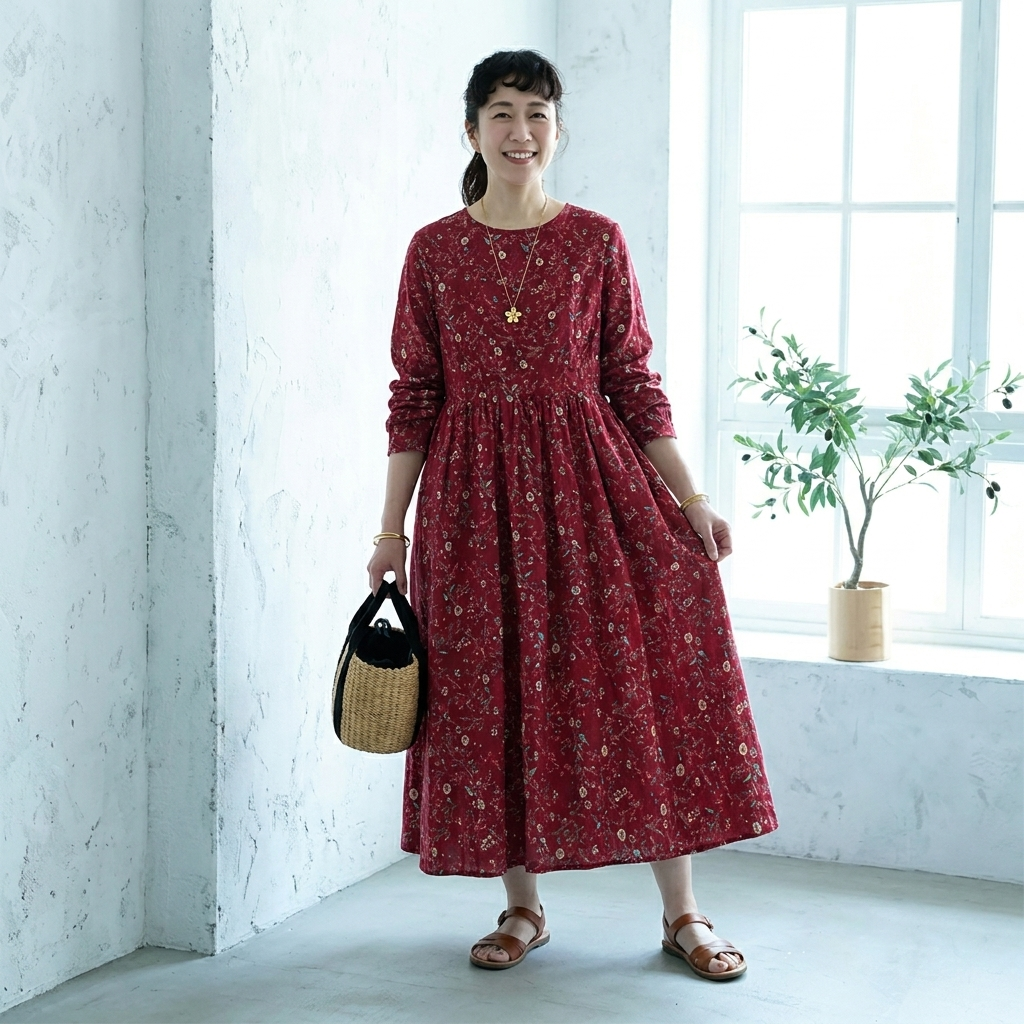 M-2XL Aライン リボン ボタン 長袖 プリント 定番 プリントワンピース M ネイビー