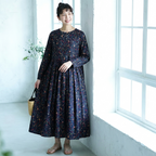 M-2XL Aライン リボン ボタン 長袖 プリント 定番 プリントワンピース 2XL ネイビー