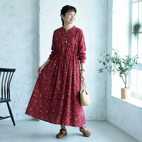 M-2XL Aライン リボン ボタン 長袖 プリント 定番 プリントワンピース 2XL レッド