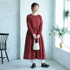 M-2XL Aライン リボン ボタン 長袖 プリント 定番 プリントワンピース M ネイビー