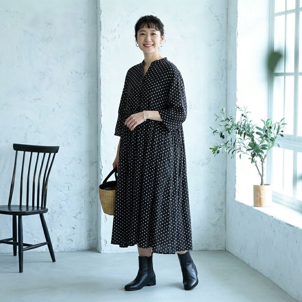 SML コットン ロングラウンドネックプリーツ9分袖カジュアルワンピース S ブラック