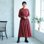 M-2XL Aライン リボン ボタン 長袖 プリント 定番 プリントワンピース M ネイビー