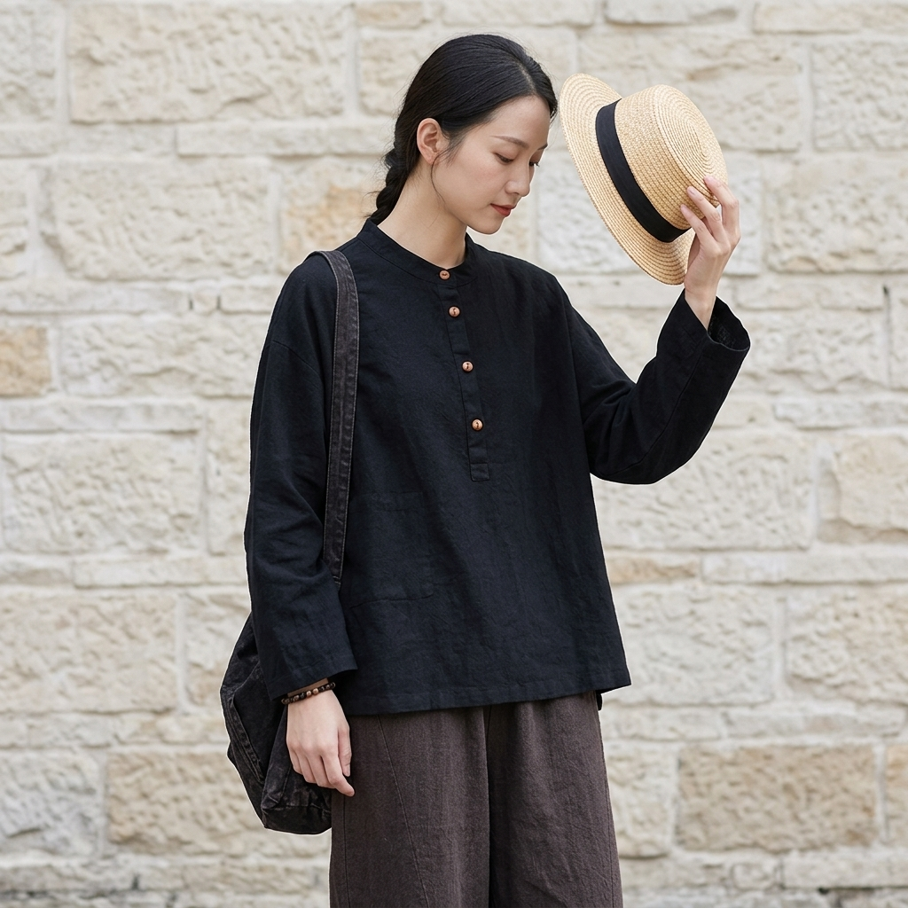 M~3XL レトロ コットン リネン 立襟 プルオーバー 長袖シャツ M ブラック