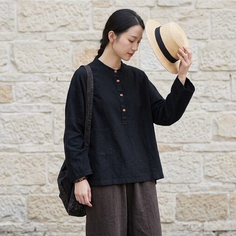 M~3XL レトロ コットン リネン 立襟 プルオーバー 長袖シャツ M ブラック