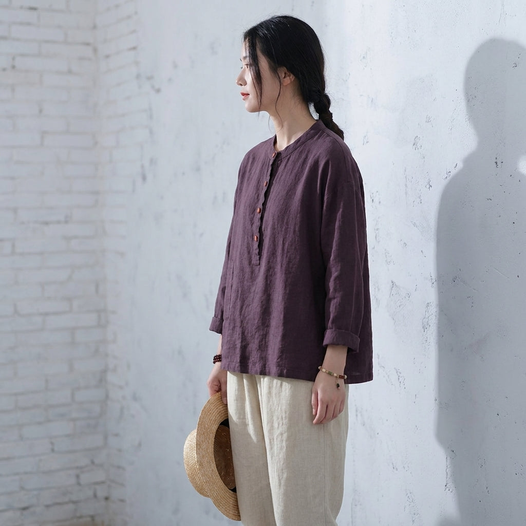 M~3XL レトロ コットン リネン 立襟 プルオーバー 長袖シャツ M ブラック