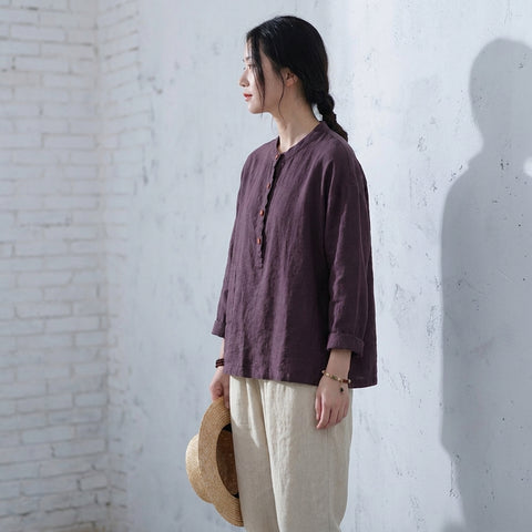 M~3XL レトロ コットン リネン 立襟 プルオーバー 長袖シャツ M ブラック