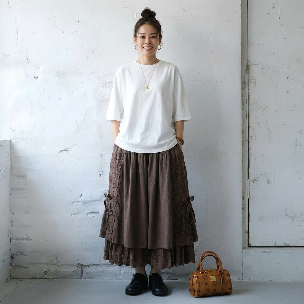 M-2XL 刺繍 無地 スカート 2XL ブラウン