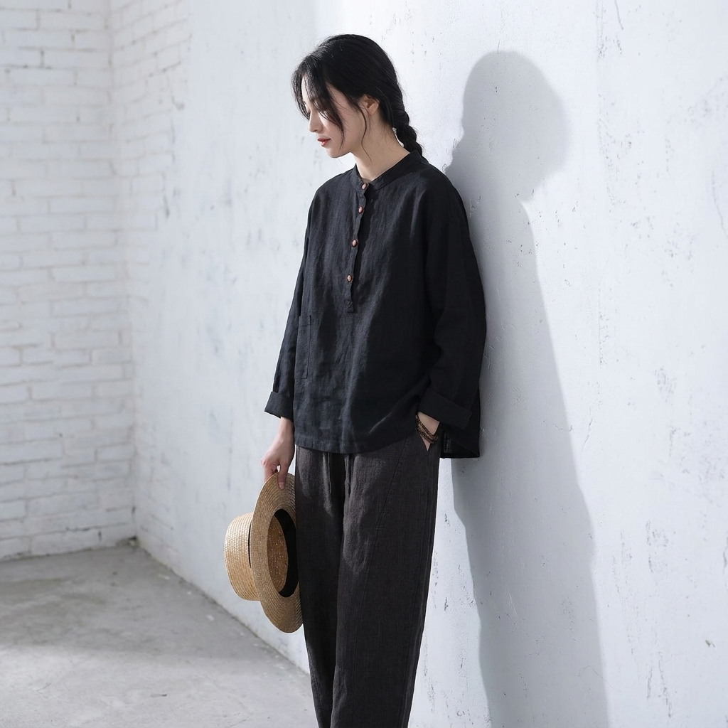 M~3XL レトロ コットン リネン 立襟 プルオーバー 長袖シャツ M ブラック