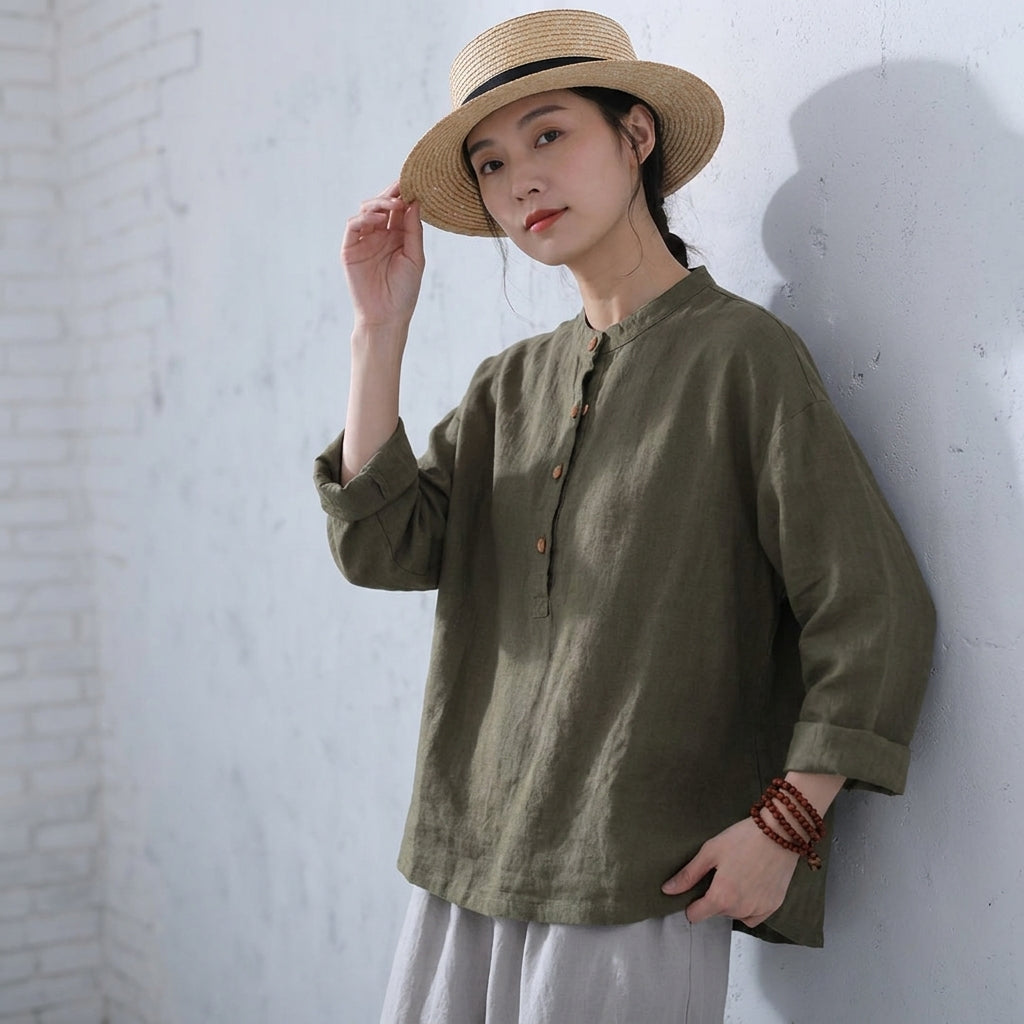 M~3XL レトロ コットン リネン 立襟 プルオーバー 長袖シャツ M ブラック