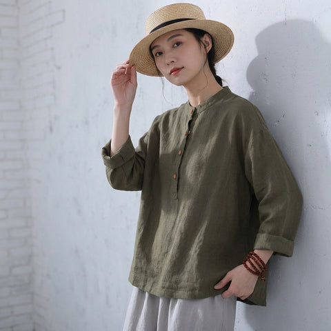 M~3XL レトロ コットン リネン 立襟 プルオーバー 長袖シャツ M ブラック
