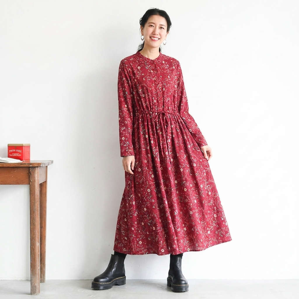 M-2XL Aライン リボン ボタン 長袖 プリント 定番 プリントワンピース M ネイビー