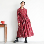 M-2XL Aライン リボン ボタン 長袖 プリント 定番 プリントワンピース M ネイビー