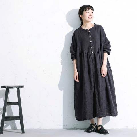 M・L ランタンスリーブ 綿麻 無地  ストレート ボタン 長袖 レトロ カジュアルワンピース L ブラックグレー