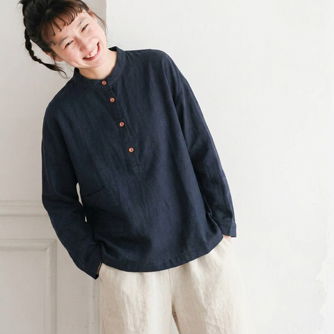 M~3XL レトロ コットン リネン 立襟 プルオーバー 長袖シャツ M ブラック