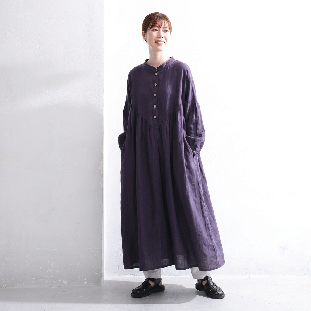 M・L ランタンスリーブ 綿麻 無地  ストレート ボタン 長袖 レトロ カジュアルワンピース L ダークパープル