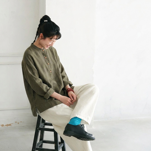 M~3XL レトロ コットン リネン 立襟 プルオーバー 長袖シャツ M ブラック
