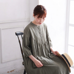 M・L ランタンスリーブ 綿麻 無地  ストレート ボタン 長袖 レトロ カジュアルワンピース L オリーブグリーン