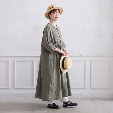 M・L ランタンスリーブ 綿麻 無地  ストレート ボタン 長袖 レトロ カジュアルワンピース M マルーンパープル