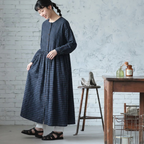 M-2XL 綿麻 チェック柄 ラウンドネック Aライン ボタン 長袖 シンプル カジュアルワンピース M 写真通り