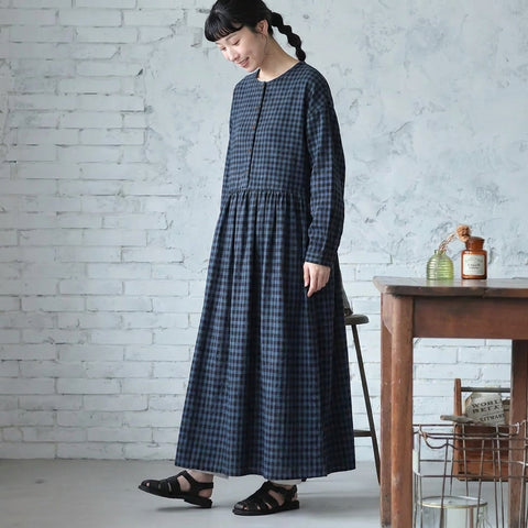 M-2XL 綿麻 チェック柄 ラウンドネック Aライン ボタン 長袖 シンプル カジュアルワンピース M 写真通り