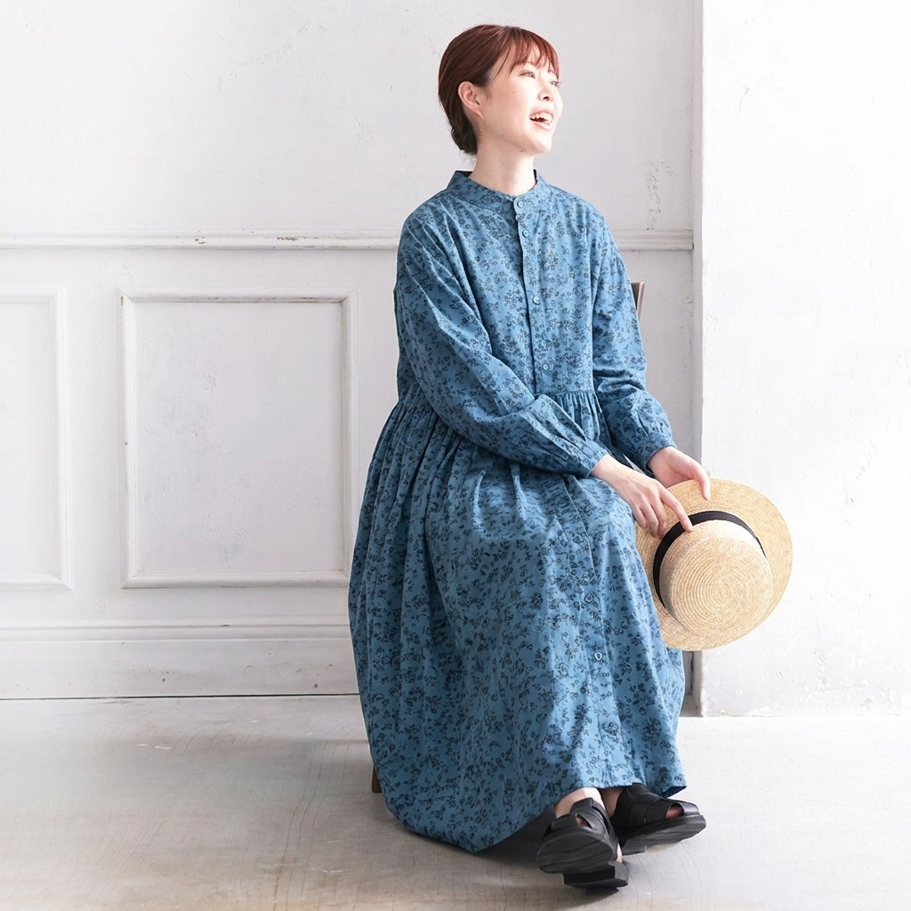 フリーサイズ プリント Aライン プルオーバー プリント スタンドネック 長袖 森ガール ワンピース フリー ロイヤルブルー
