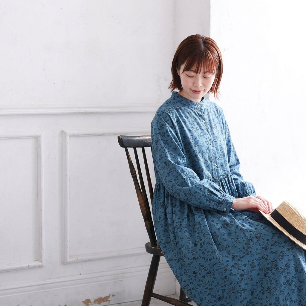 フリーサイズ プリント Aライン プルオーバー プリント スタンドネック 長袖 森ガール ワンピース フリー ロイヤルブルー
