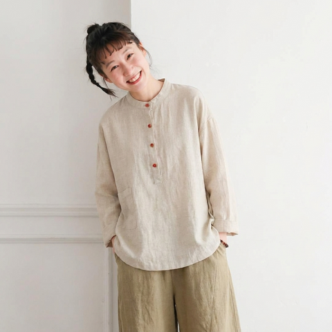 M~3XL レトロ コットン リネン 立襟 プルオーバー 長袖シャツ M ブラック