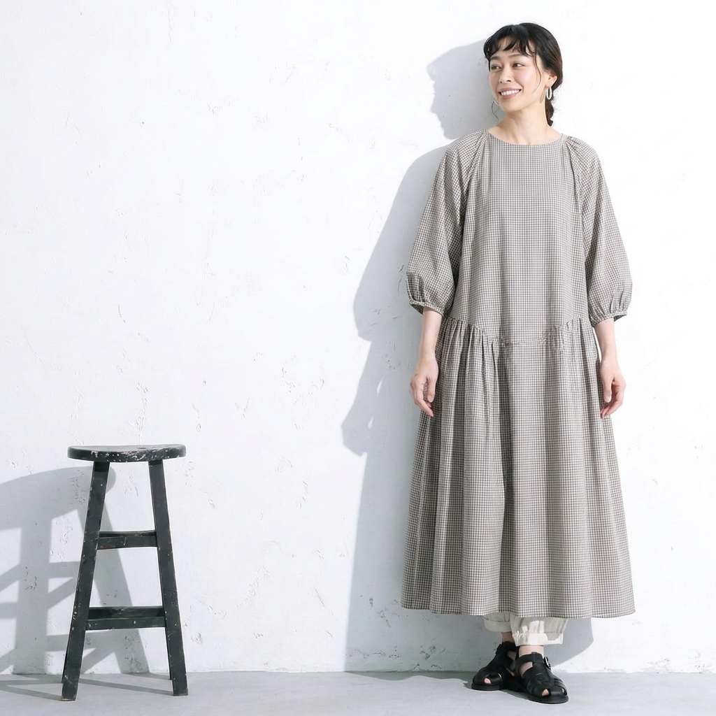 フリー コットン チェック柄 シンプル ロング丈 カジュアルワンピース フリー ブラウン